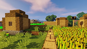 Minecraft Village Scene With Wheat Farm And Wooden Houses HD wallpaper