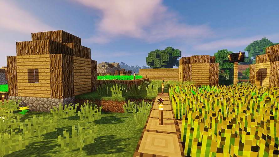 Minecraft Village Scene With Wheat Farm And Wooden Houses HD wallpaper