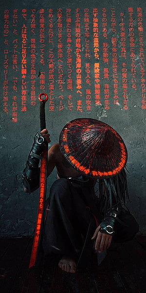 Dark Samurai Warrior Crouching with Glowing Red Katana and Conical Hat HD phone wallpaper