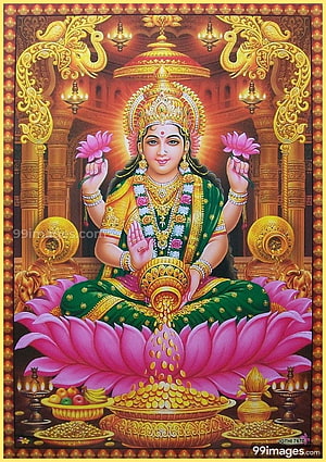Goddess Lakshmi Seated on Lotus with Gold Coins and Offerings in Traditional Indian Art HD phone wallpaper