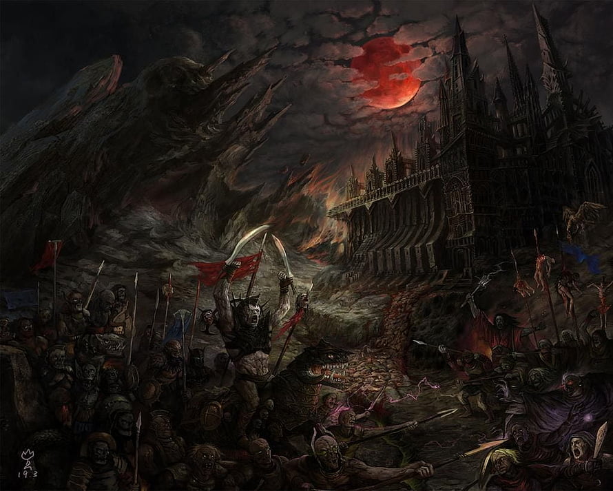 Infant Annihilator Battle of Yaldabaoth Dark Fantasy War Scene HD wallpaper