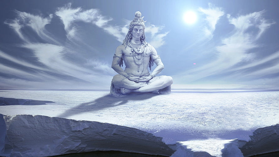 Lord Shiva Meditating in Lotus Pose on a Serene Frozen Landscape HD wallpaper