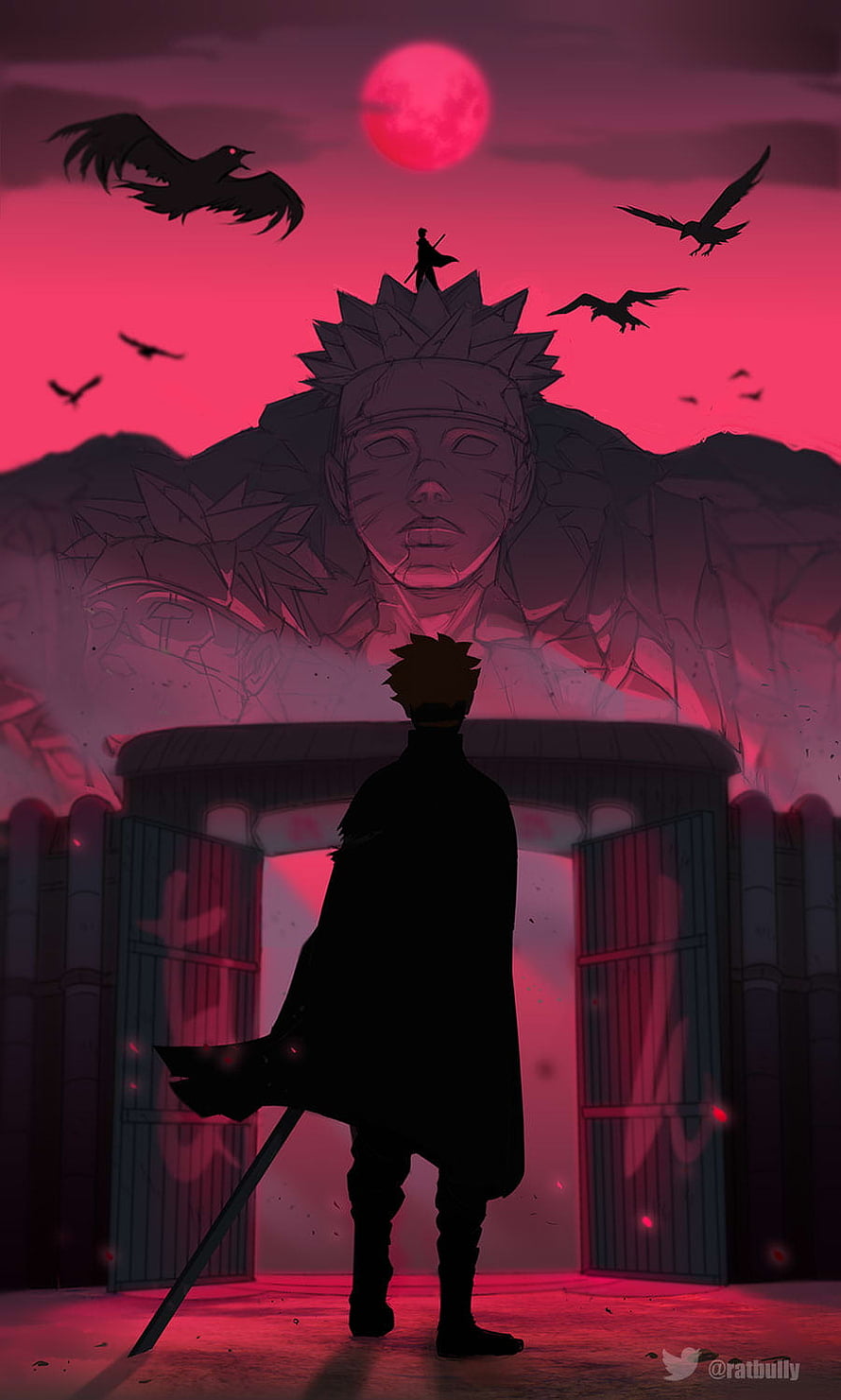 Kawaki Silhouette Before the Giant Statue in Konoha Under a Crimson Moon HD phone wallpaper