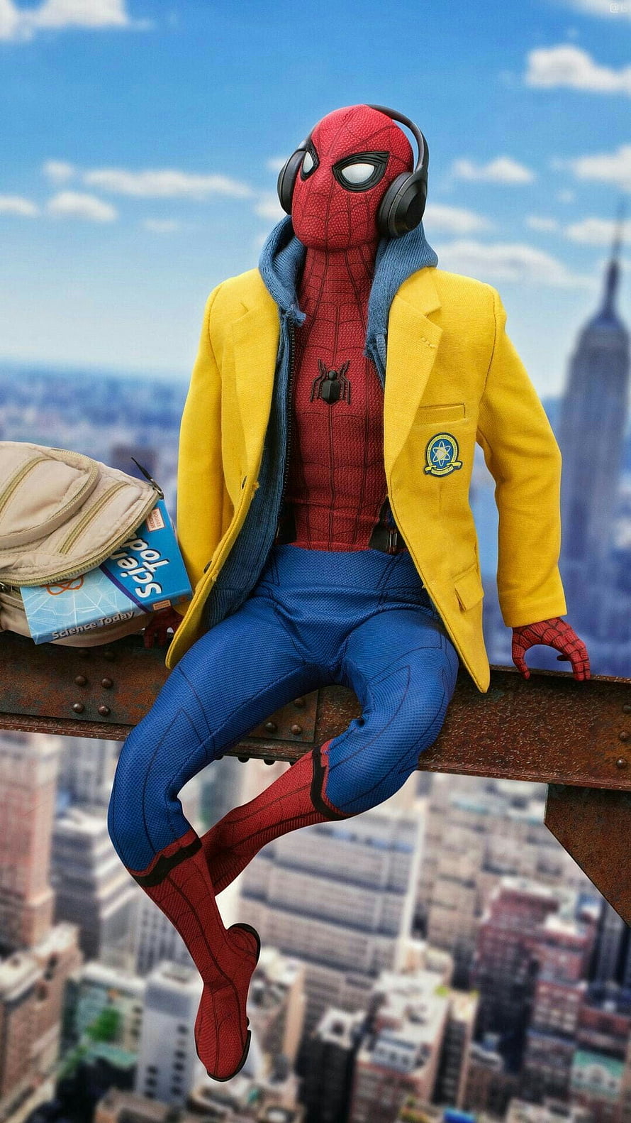 Spider-Man in Yellow Blazer and Headphones Sitting on a Rooftop Beam Over a City Skyline HD phone wallpaper