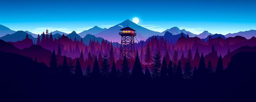 Stylized Night Forest Scene With Glowing Fire Tower And Moonlit Mountain Range HD wallpaper