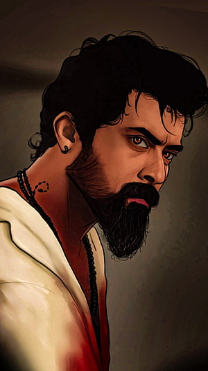 Suriya as Vikram in dramatic digital portrait with intense gaze and beard HD phone wallpaper