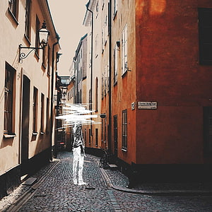 Yorushika 13 Album Artwork: Glitch Figure in a European Cobblestone Alley HD phone wallpaper