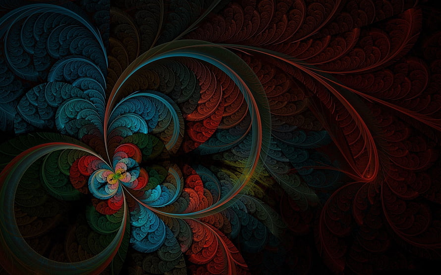 Dark Abstract Fractal Art with Swirling Spiral Patterns in Red and Blue Tones HD wallpaper
