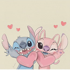 Stitch and Angel from Lilo and Stitch Holding Hearts in a Cute Watercolor Illustration HD phone wallpaper