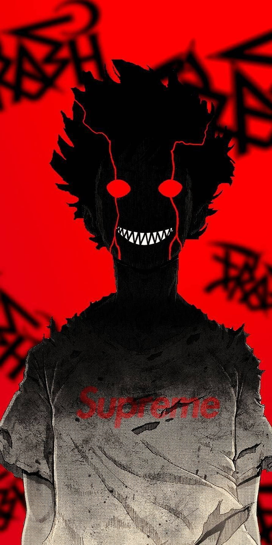 Dark Anime Demon Character with Glowing Red Eyes and Supreme Shirt on Red Background HD phone wallpaper