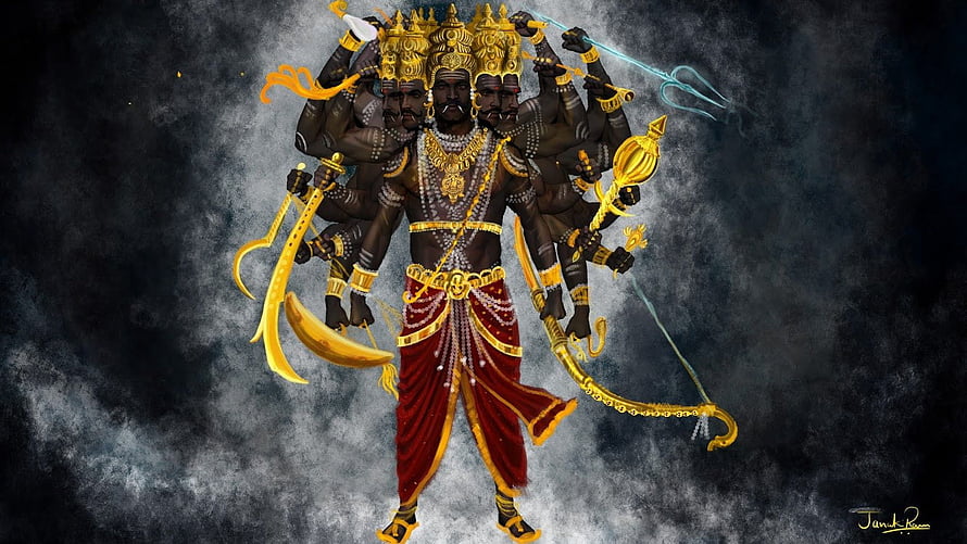 Ravana Multi-Headed Demon King with Weapons and Golden Crown HD wallpaper