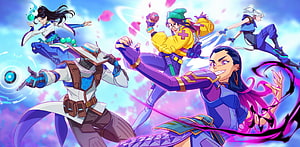 Valorant Agent Team Action Artwork with Dynamic Poses and Vibrant Energy Effects HD wallpaper