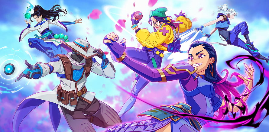 Valorant Agent Team Action Artwork with Dynamic Poses and Vibrant Energy Effects HD wallpaper