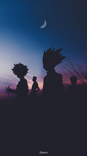 Hunter x Hunter Character Silhouettes Against a Twilight Sky with Crescent Moon HD phone wallpaper