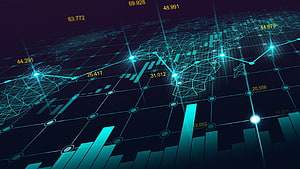 Digital Forex Trading Dashboard with Glowing Cyan Data Charts and Network Grid HD wallpaper