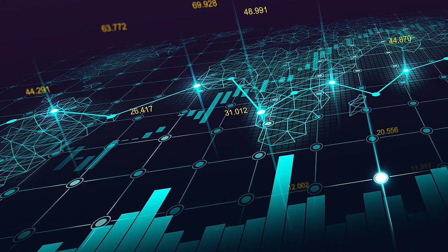 Digital Forex Trading Dashboard with Glowing Cyan Data Charts and Network Grid HD wallpaper