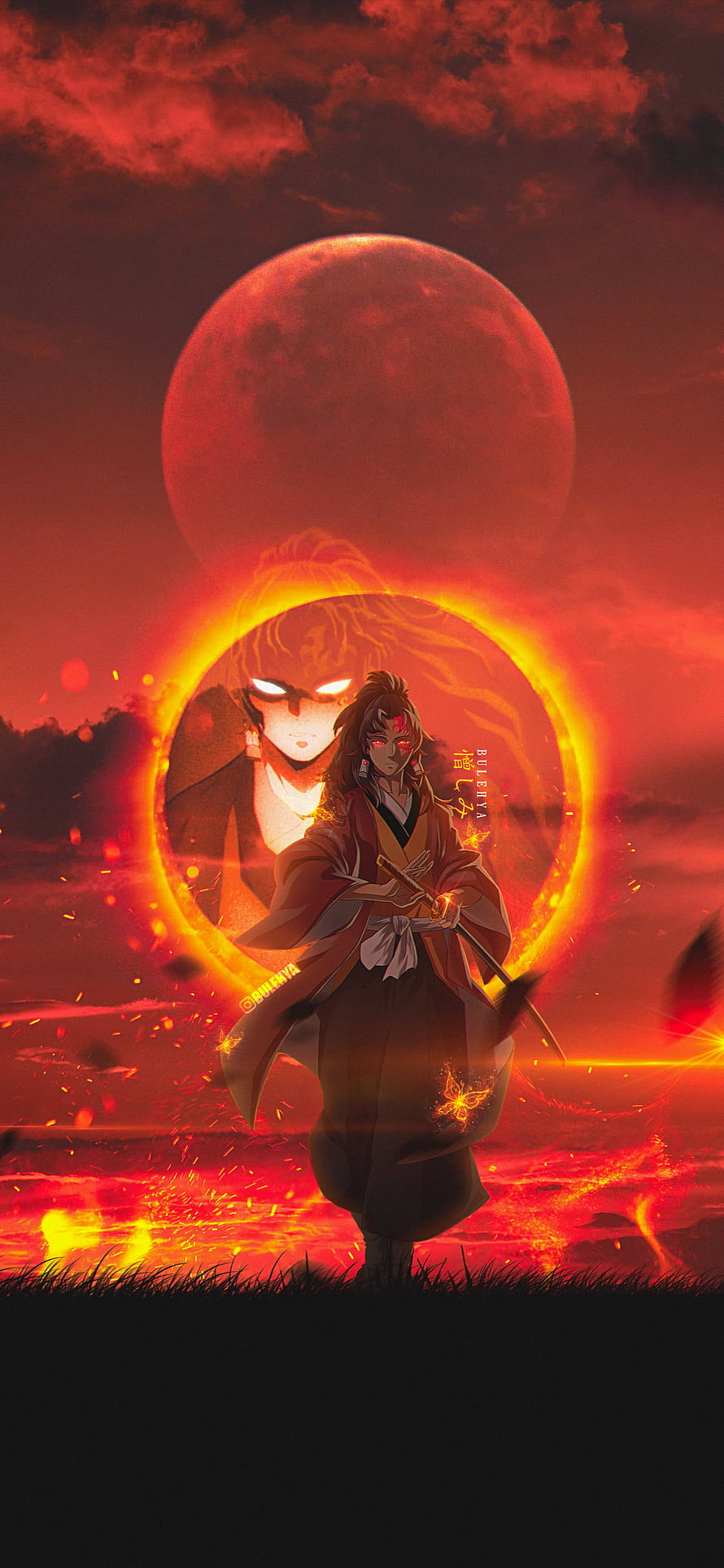 Yoriichi Tsugikuni Demon Slayer Anime Artwork with Red Moon and Fiery Aura HD phone wallpaper