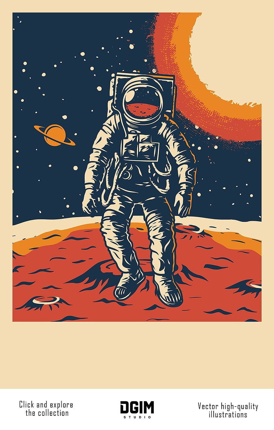 Retro Astronaut Standing on Red Planet Surface with Ringed Planet and Starry Sky HD phone wallpaper