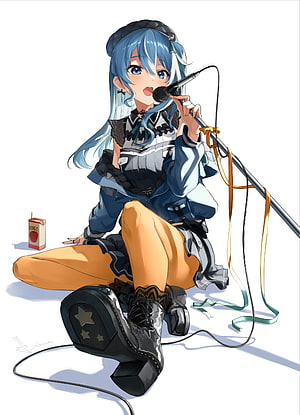 Hoshimachi Suisei Anime Illustration Singing Into Microphone With Blue Hair HD phone wallpaper