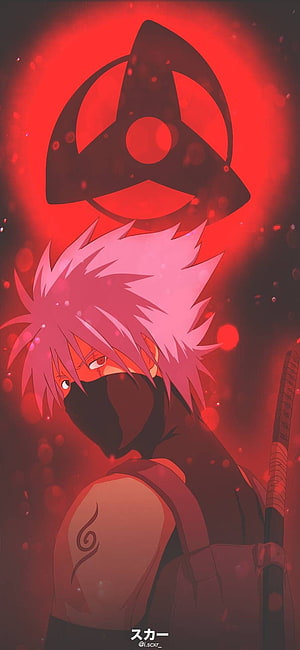 Kakashi Hatake Sharingan Portrait with Uchiha Clan Symbol in Red HD phone wallpaper
