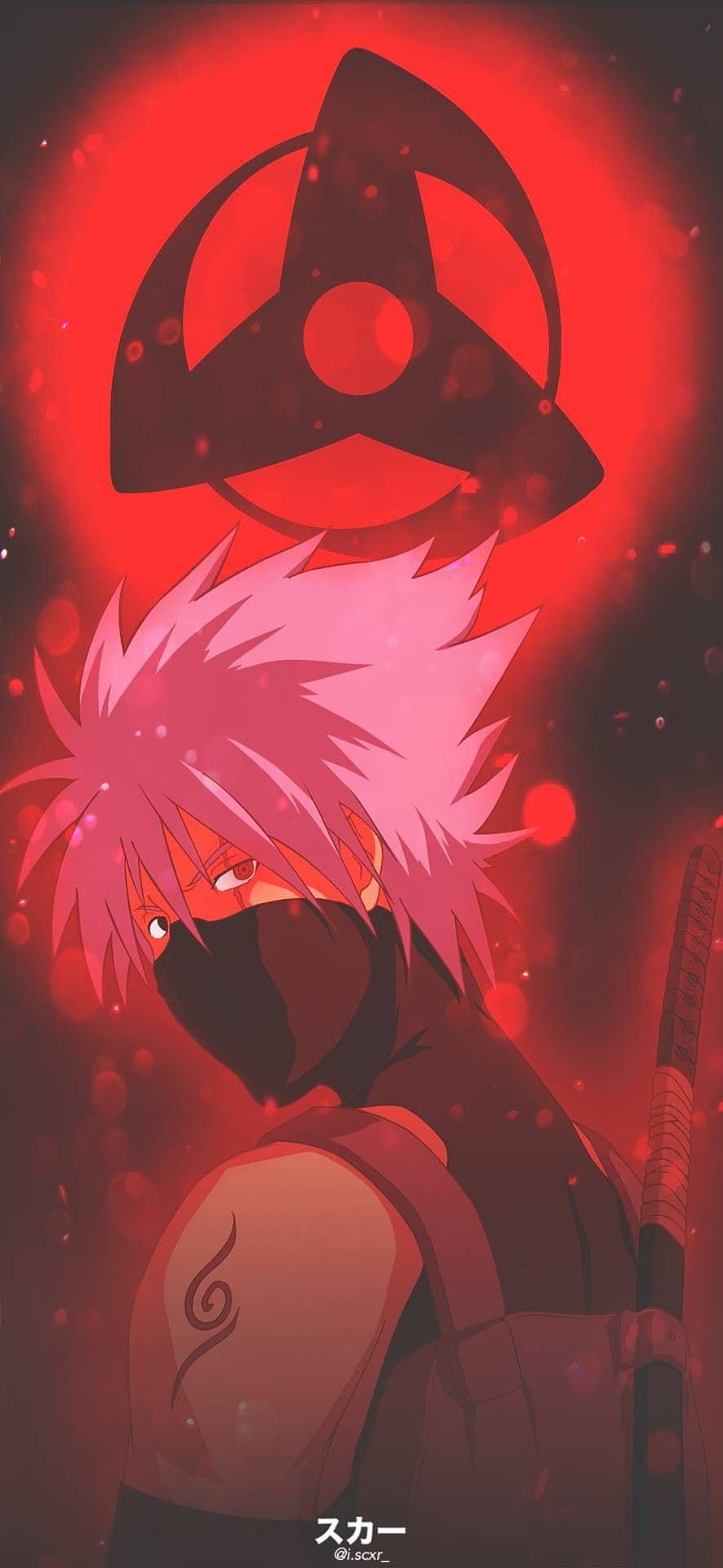 Kakashi Hatake Sharingan Portrait with Uchiha Clan Symbol in Red HD phone wallpaper