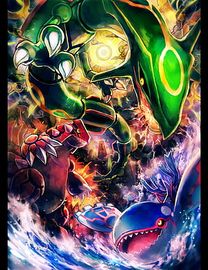 Hoenn Weather Trio Legendaries: Groudon, Kyogre, and Rayquaza Battle Scene HD phone wallpaper