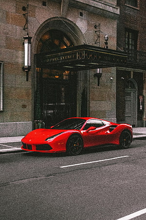 Red Ferrari 458 Italia Parked on City Street in Front of Classic Architecture HD phone wallpaper