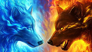 Fire and Ice Wolf Confrontation Fantasy Digital Art HD wallpaper