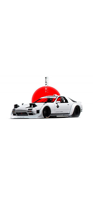 White JDM Drift Car Illustration with Red Sun and Japanese Text on Minimalist Background HD phone wallpaper