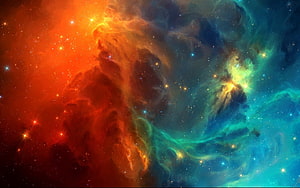 Vibrant Orange and Blue Nebula Clouds in Deep Space with Scattered Stars HD wallpaper