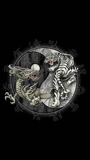 Silver Dragon and White Tiger Yin Yang Symbol on Black Background HD phone wallpaper