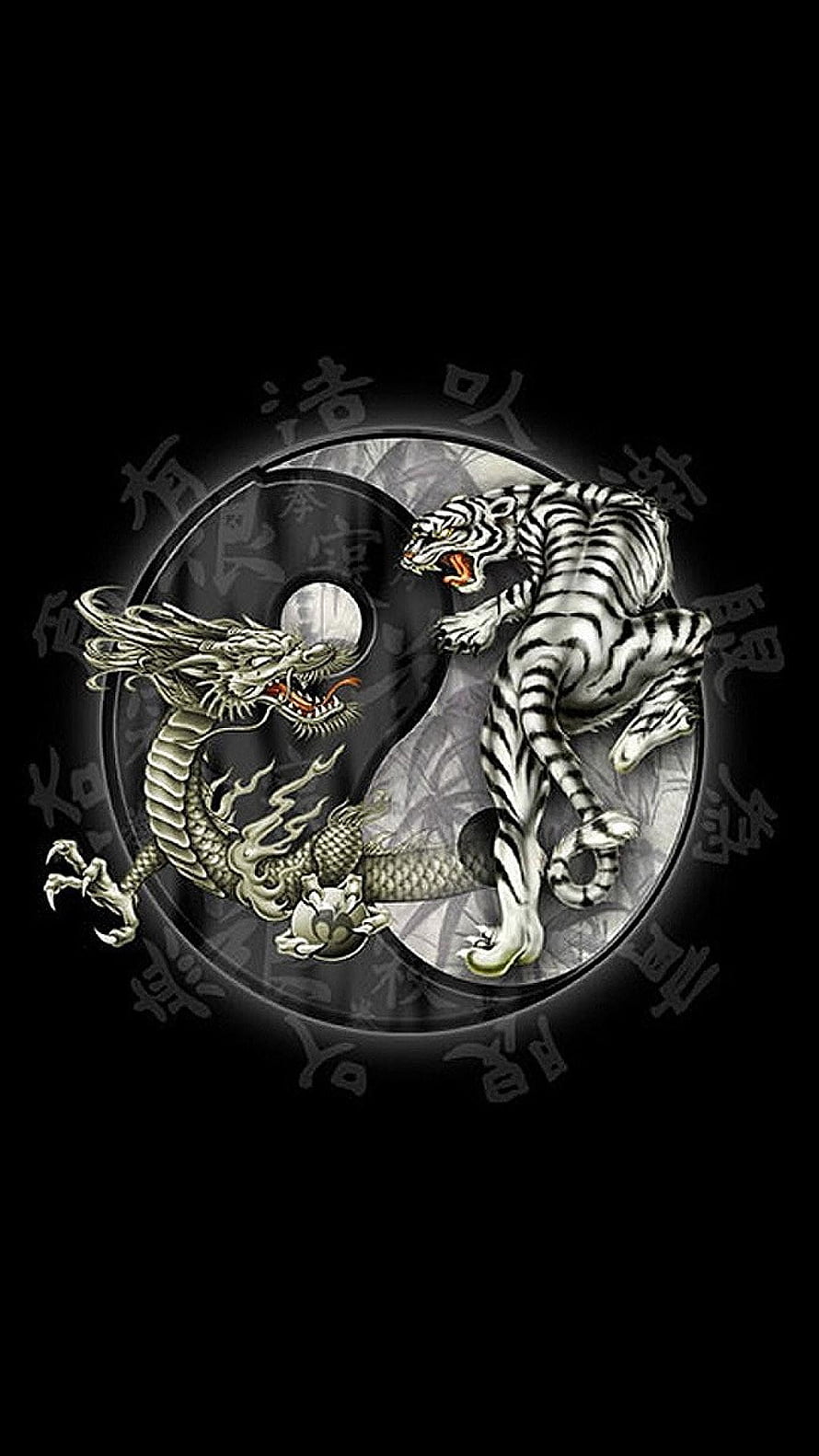 Silver Dragon and White Tiger Yin Yang Symbol on Black Background HD phone wallpaper
