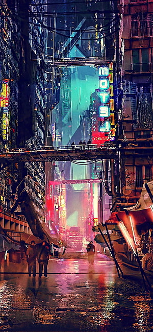Cyberpunk 2077 Neon Drenched Street Scene with Rain and Glowing Signs HD phone wallpaper