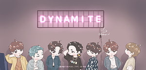 BTS Chibi Illustration Under Dynamite Neon Sign HD wallpaper