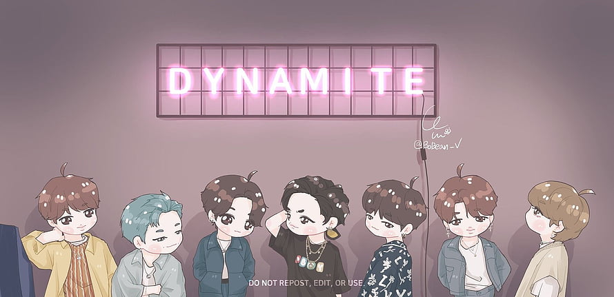 BTS Chibi Illustration Under Dynamite Neon Sign HD wallpaper