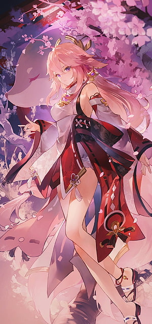 Yae Miko from Genshin Impact in a flowing red and white outfit beneath blooming cherry blossom branches HD phone wallpaper