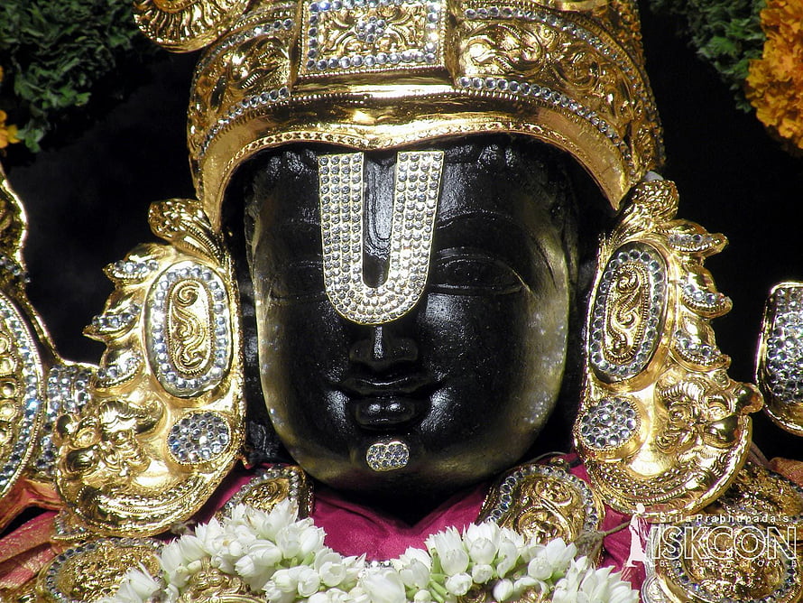 Tirupati Balaji Murti with Ornate Gold Crown and White Flower Garland HD wallpaper