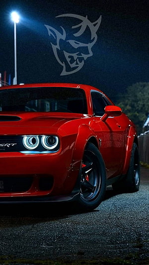 Red Dodge Challenger SRT Hellcat Night Street Photography HD phone wallpaper
