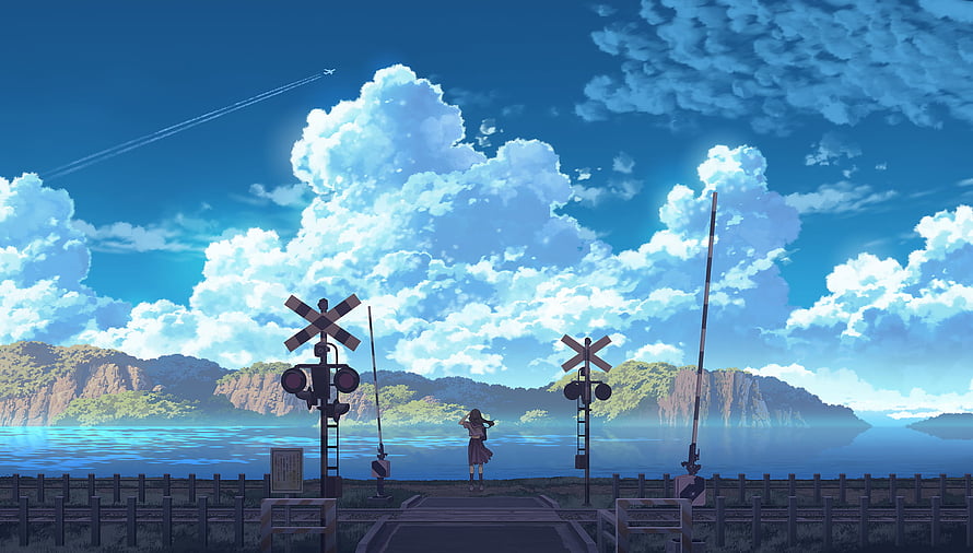 Anime Girl at Coastal Railway Crossing Under Summer Sky HD wallpaper