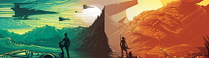 Star Wars Dual Monitor Wallpaper Featuring Silhouetted Characters and Starships in Split Landscape HD wallpaper