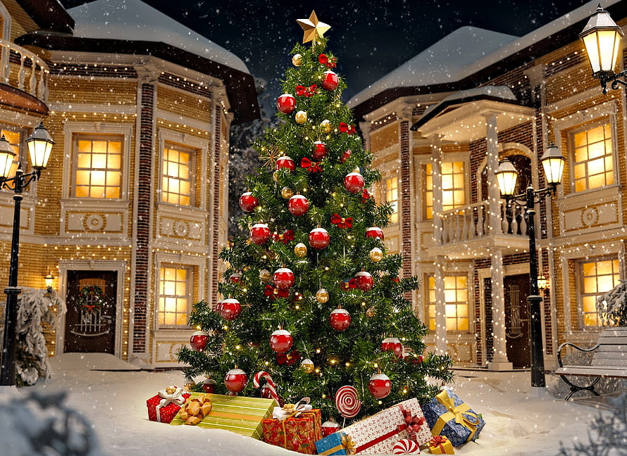 Snowy Christmas Tree with Red Ornaments and Gifts in a Winter Village Square HD wallpaper