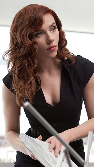 Scarlett Johansson in Black Dress Holding Architectural Blueprints HD phone wallpaper