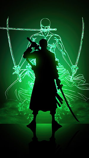 Roronoa Zoro Silhouette with Green Spirit Aura and Dual Swords HD phone wallpaper