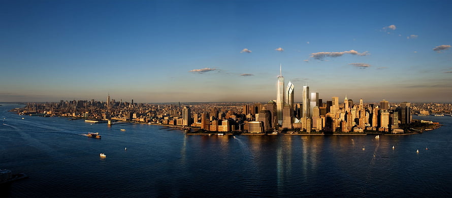 Aerial View of Lower Manhattan Skyline at Golden Hour HD wallpaper