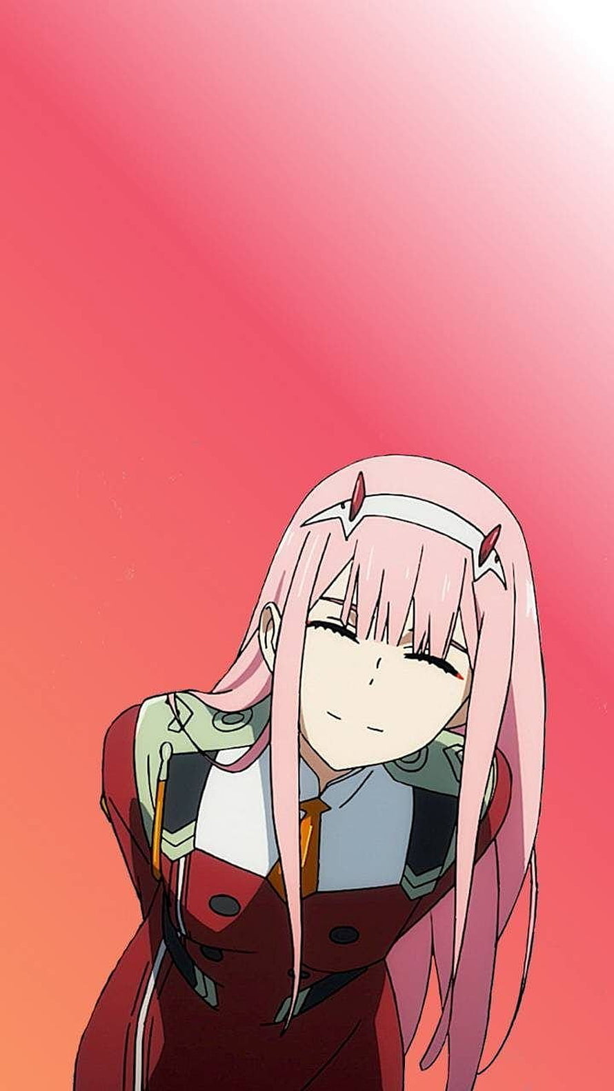 Zero Two from Darling in the Franxx in a red uniform with a warm smile against a pink gradient background HD phone wallpaper
