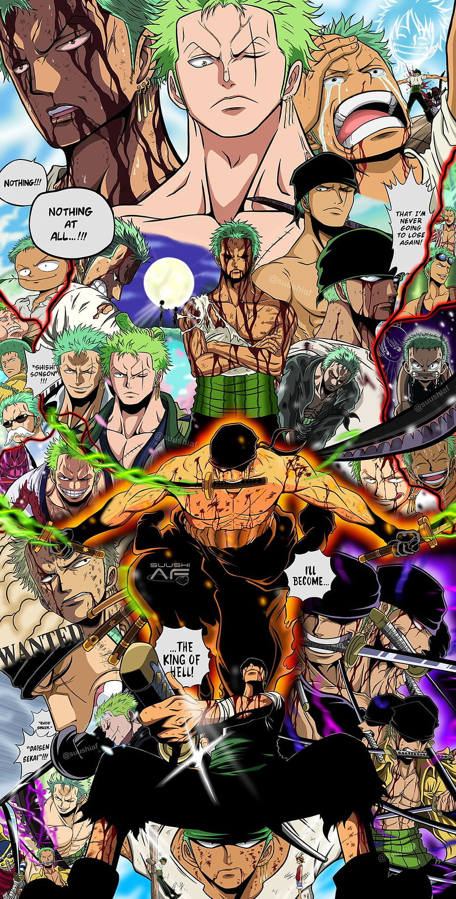 Roronoa Zoro One Piece Manga Collage Featuring Multiple Swordsmanship Forms and Battle Scenes HD phone wallpaper