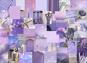 Soft Lavender Aesthetic Collage Featuring Dreamy Clouds, Flowers, and Inspirational Quotes HD wallpaper