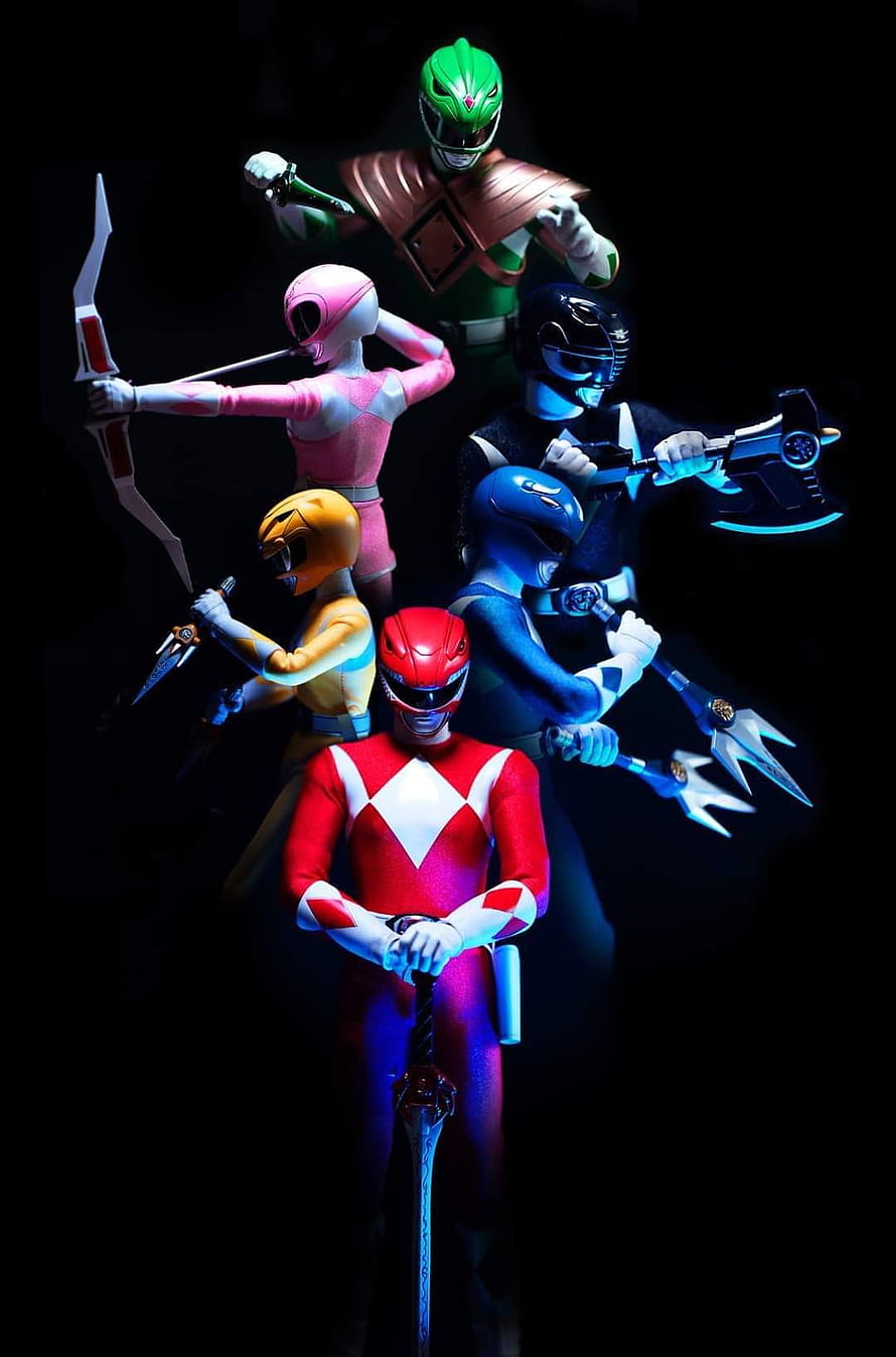 Mighty Morphin Power Rangers Team Group Shot with Weapons on Black Background HD phone wallpaper