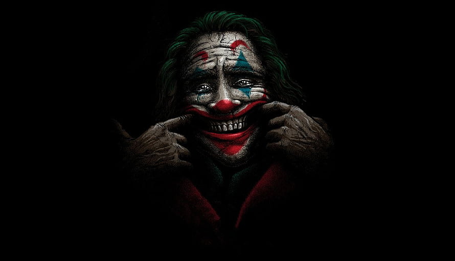 Joker Character Portrait with Clown Makeup and Red Suit in Dark Setting HD wallpaper