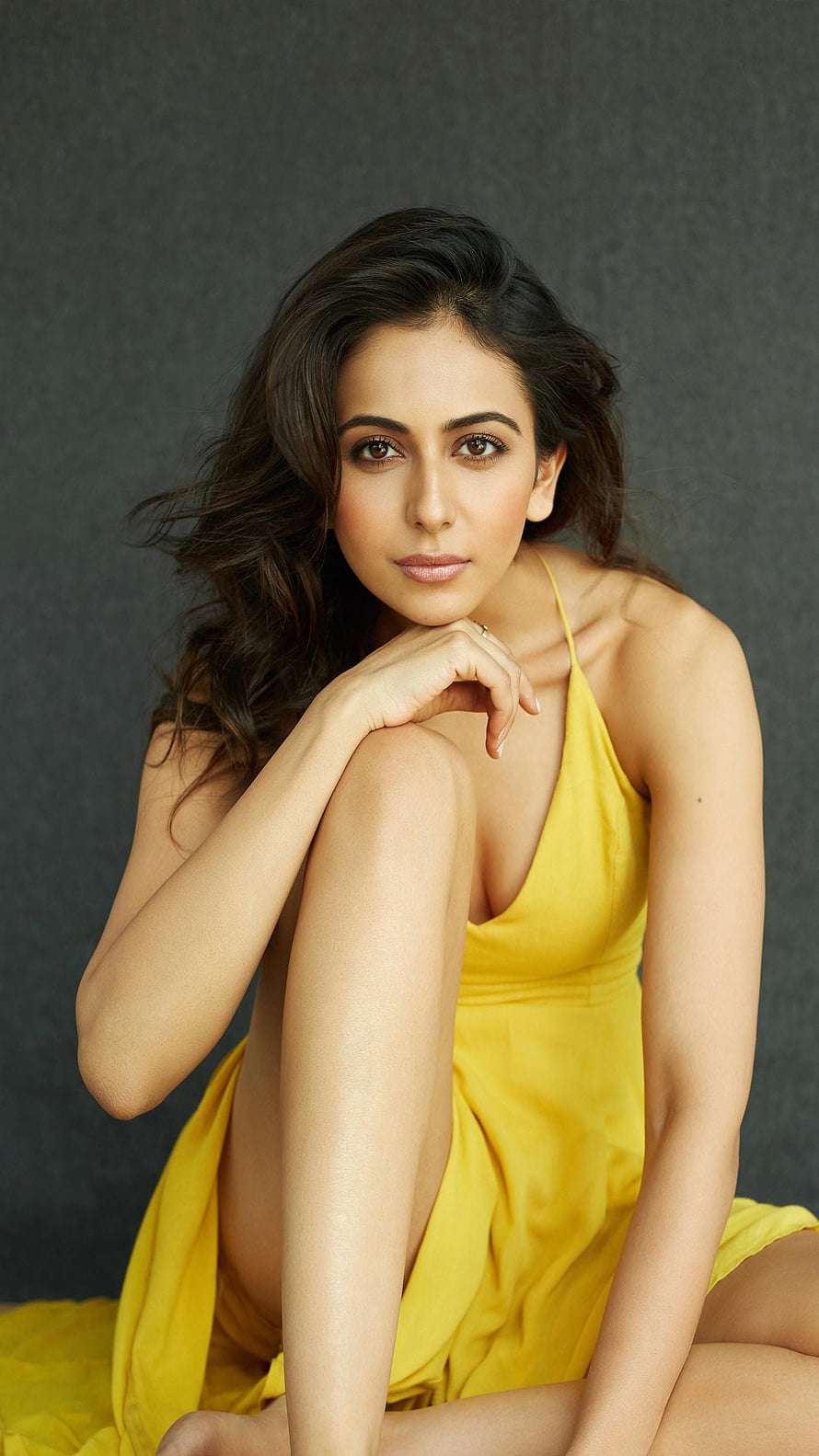Rakul Preet Singh Studio Portrait in Vibrant Yellow Dress HD phone wallpaper